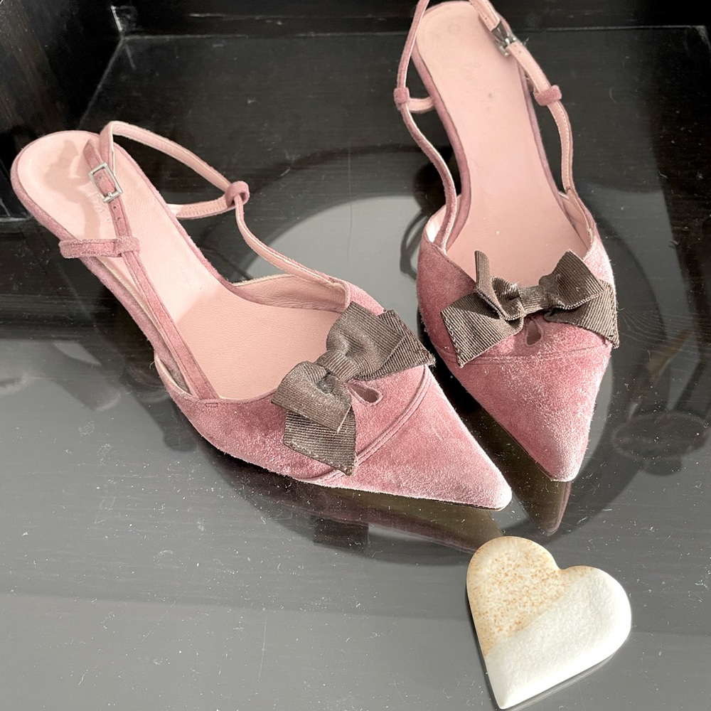 Boden, dusty pink suede kitten heel sling backs with brown grosgrain bow sz 38